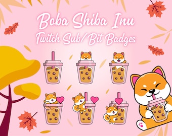 May include: Set of seven digital badges featuring a Shiba Inu dog in a pink boba tea cup. The badges are designed for Twitch subscribers and bit badges. The text "Boba Shiba Inu Twitch Sub/Bit Badges" is at the top of the image.