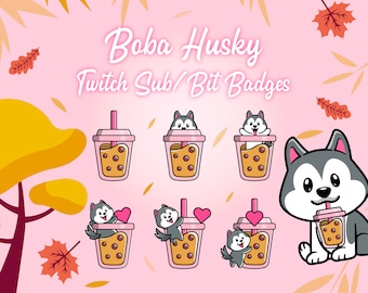 Husky Boba Twitch Sub / Bit Badges for Streamer, Vtuber, Cute Kawaii Art Streaming Graphics