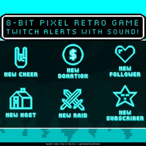 Twitch Teal Neon Alerts Animated with Sound, Pixel Art Retro 8bit Stream Alerts Package for Streamer, Cute Boy Graphics
