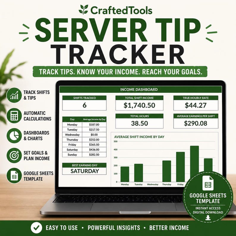 May include: A digital Server Tip Tracker template displayed on a laptop screen, featuring an income dashboard with charts, shift tracking, and automatic calculations. The interface includes data for shifts, total income, hourly rates, and weekly earnings.
