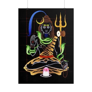 May include: A vertical wall art print featuring a stylized illustration of a deity with dark skin, seated in a meditative pose. The figure wears a tiger-print garment, adorned with green snakes, a golden trident, and a crescent moon on the head.