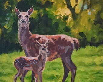 Framed original painting: Doe and Fawn - Acrylics on canvas board, 12.5x14.5" (32x37cm)