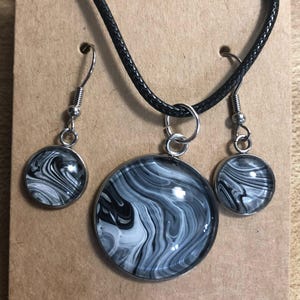 Acrylic Paint Poured Necklace Pendant on Cord With Earring Set - Warm Toned Colors