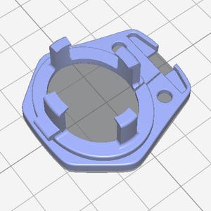 May include: A light blue, geometric, 3D-rendered object with a central circular opening and several protruding rectangular tabs. The object has a hexagonal outer shape and a small circular hole on one side. The background is a grid pattern.