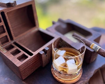 Handmade Wooden Whiskey Glass Box with Whiskey Stones and Glass Coaster, Single