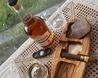 Handmade Olive Wooden Cigar Ashtray With Glass Coaster and Nuts Bowl, Double Person