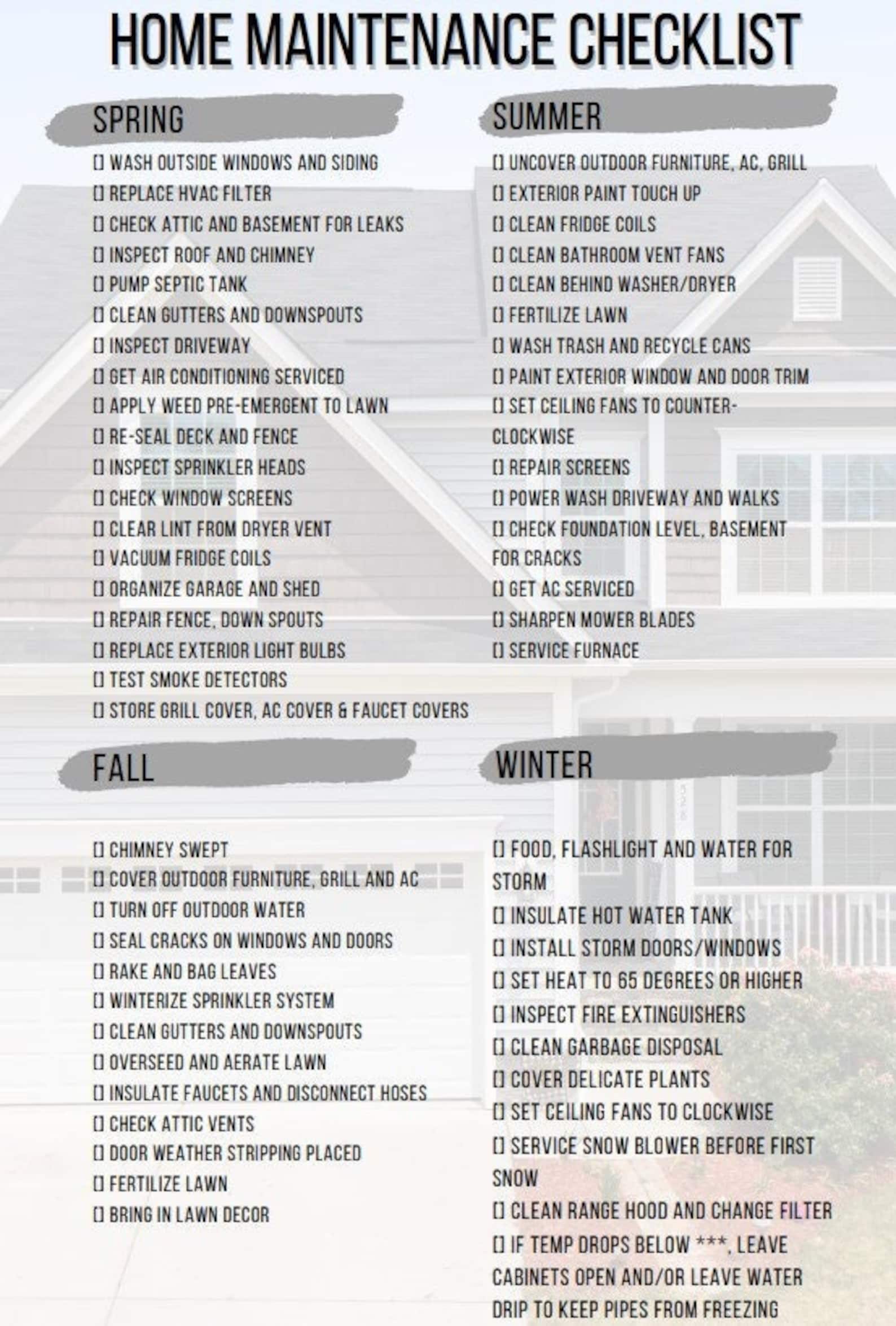 Seasonal House Homeowner Checklist Etsy