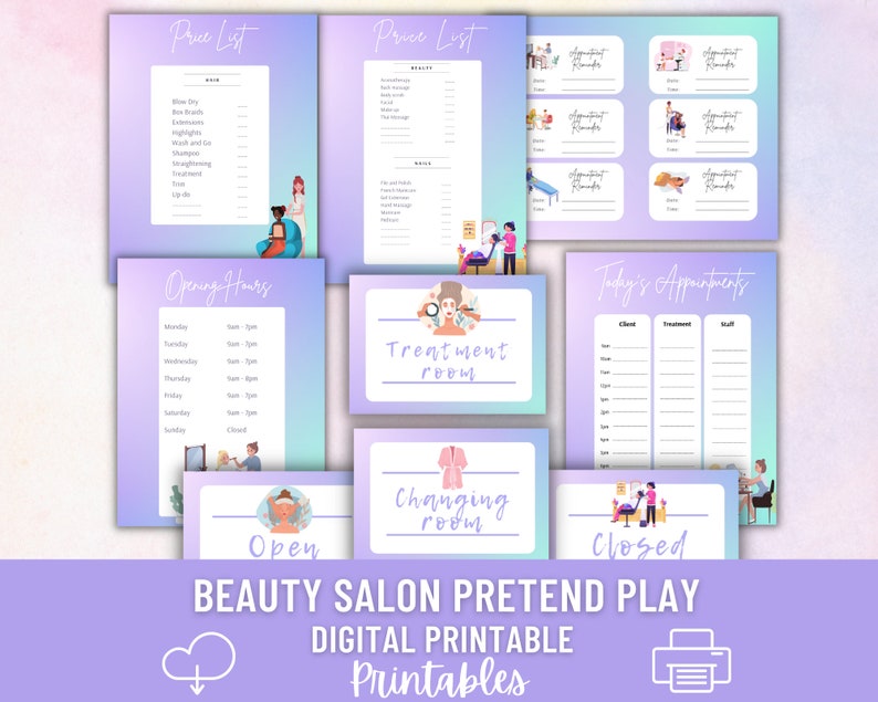 May include: A printable set of digital play pretend signs for a beauty salon. The signs include a price list, opening hours, treatment room, changing room, today's appointments, and open and closed signs. The signs are in a pastel purple and blue color scheme with cartoon illustrations.
