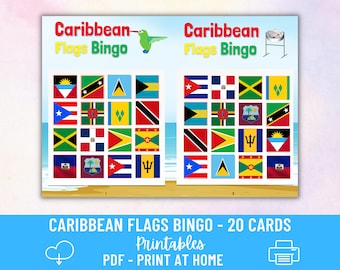 Caribbean Flags Bingo Digital Printable Game | PDF Kids Activity set | Play and learn | Digital prints