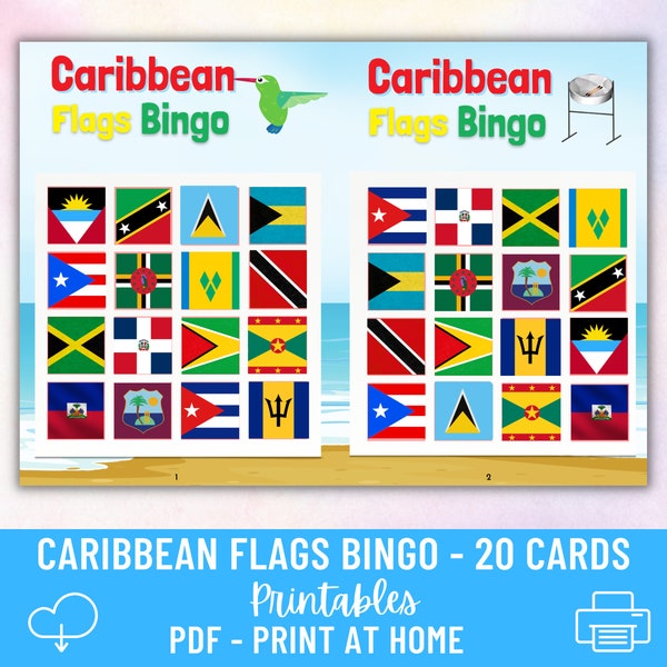 Caribbean Flags Bingo Digital Printable Game | PDF Kids Activity set | Play and learn | Digital prints