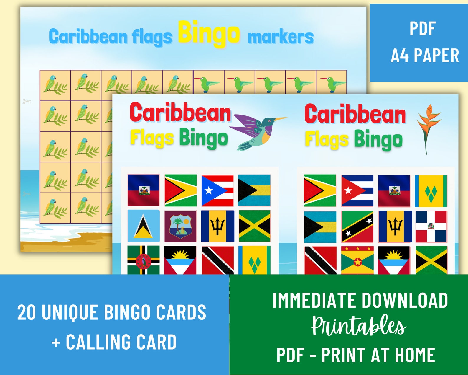 Caribbean Flags Bingo Digital Printable Game PDF Kids Activity Set Play