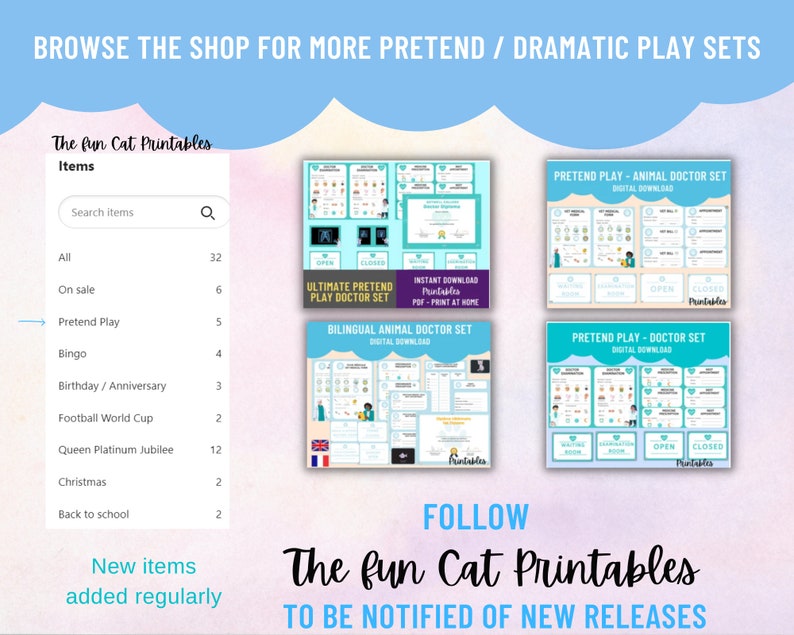 Sign browse the shop for more pretend / dramatic play sets
Shows Vet and Doctor play sets available in the shop