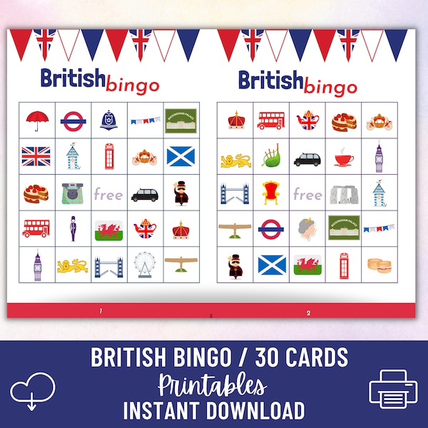 British Bingo 30 unique cards | Kids activity & games | DIGITAL download Printable PDF