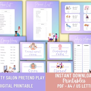 May include: A printable set of signs for a pretend beauty salon play set. The signs include a price list, opening hours, treatment room, changing room, open, closed, and a sign for appointments. The signs are in a pastel pink and purple color scheme.