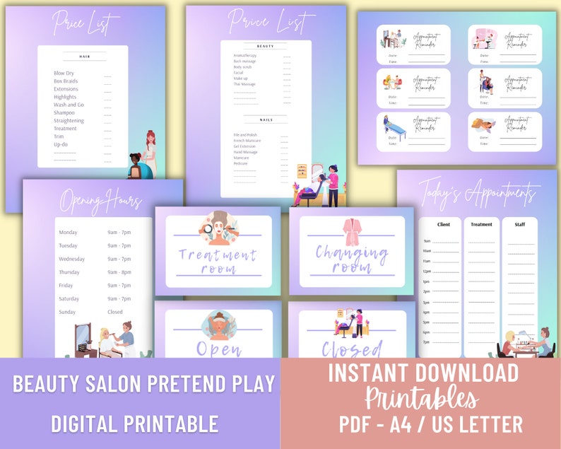 May include: A printable set of signs for a pretend beauty salon play set. The signs include a price list, opening hours, treatment room, changing room, open, closed, and a sign for appointments. The signs are in a pastel pink and purple color scheme.