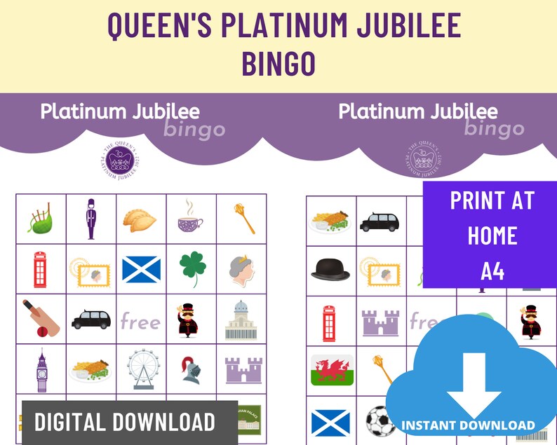 Queen Platinum Jubilee Bingo 30 Unique Cards Kids Activity & Etsy UK