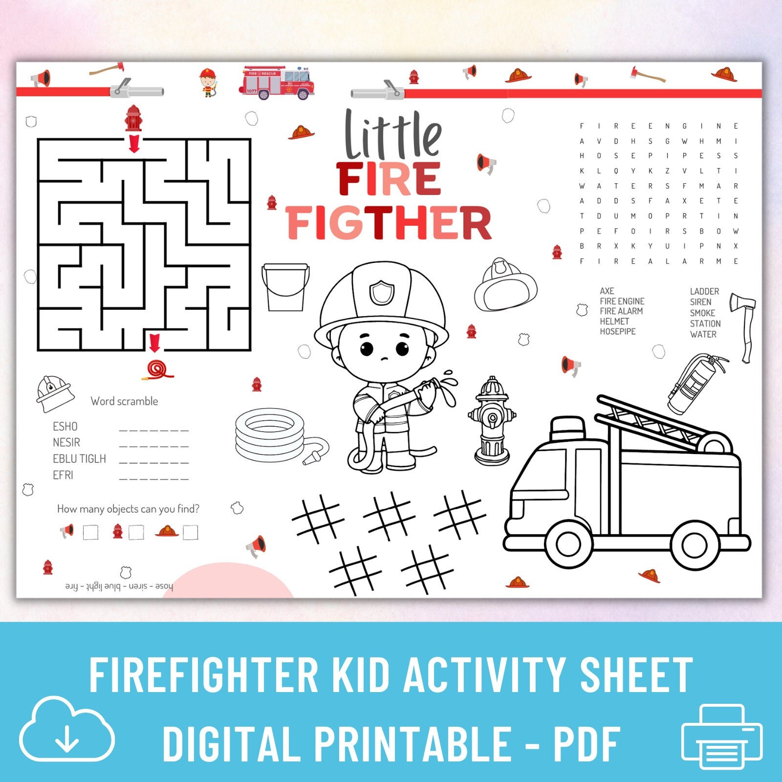 Firefighter Coloring Page Activity Sheet Kids Placemat Printable ...