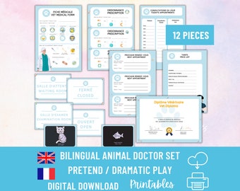 Bilingual Vet tech Pretend Play Set French English for Kids / Children's Dramatic Play Animal Clinic Doctor Pack PDF Printable Veterinarian