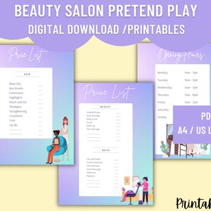 Purple/turquoise background signs - Opening hours,  Price list, open/closed signs, 

Title - Beauty Salon Pretend play - Digital Download PDF / A4 US letter size