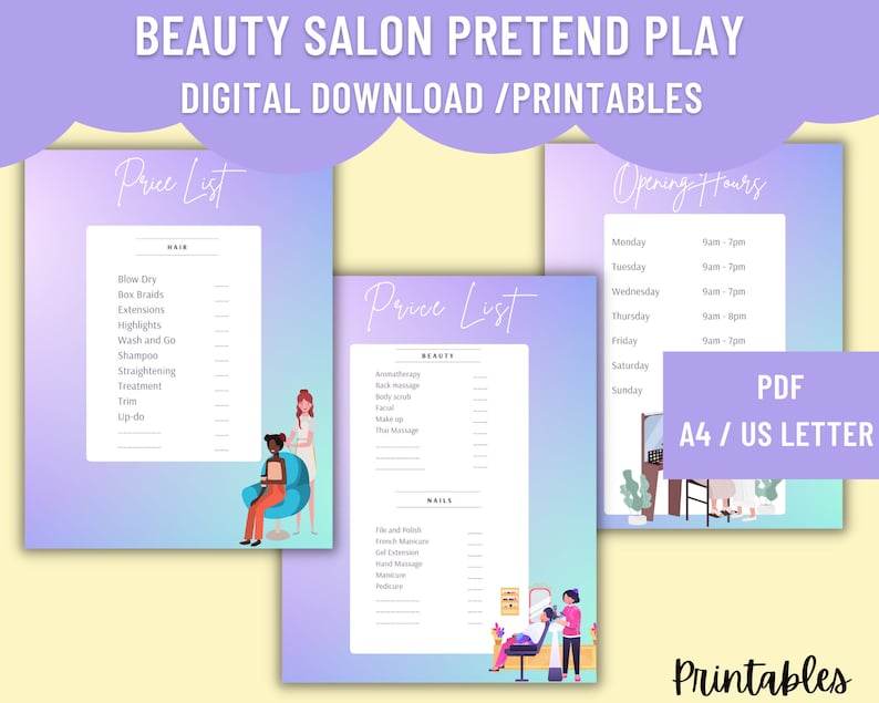 Purple/turquoise background signs - Opening hours,  Price list, open/closed signs, 

Title - Beauty Salon Pretend play - Digital Download PDF / A4 US letter size