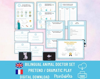 Bilingual Vet tech Pretend Play Set French English for Kids / Children's Dramatic Play Animal Clinic Doctor Pack PDF Printable Veterinarian