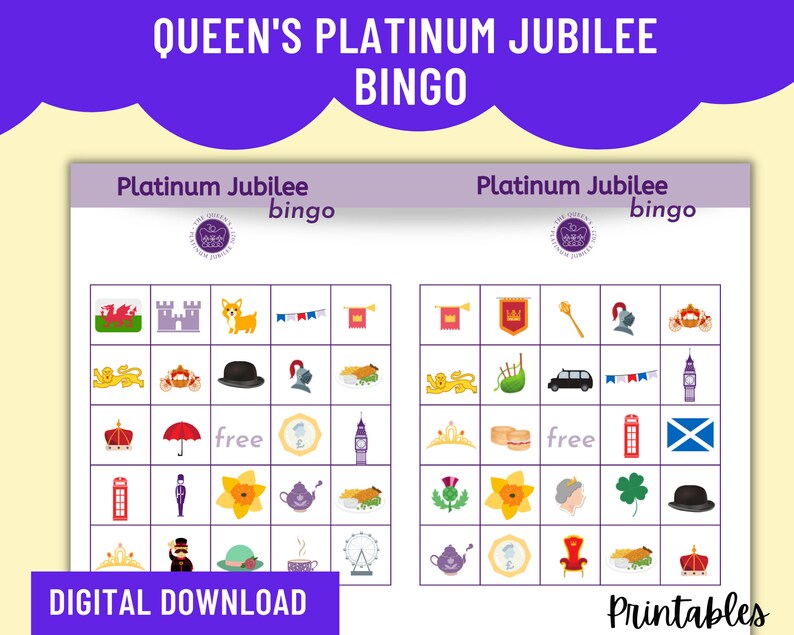 Queen Platinum Jubilee Bingo 30 Unique Cards Kids Activity & Etsy UK