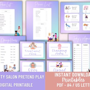 May include: Printable set of signs for a pretend beauty salon play set. The signs include a price list, opening hours, treatment room, changing room, open, closed, and a sign for appointments. The signs are in a purple and pink color scheme with cartoon illustrations.