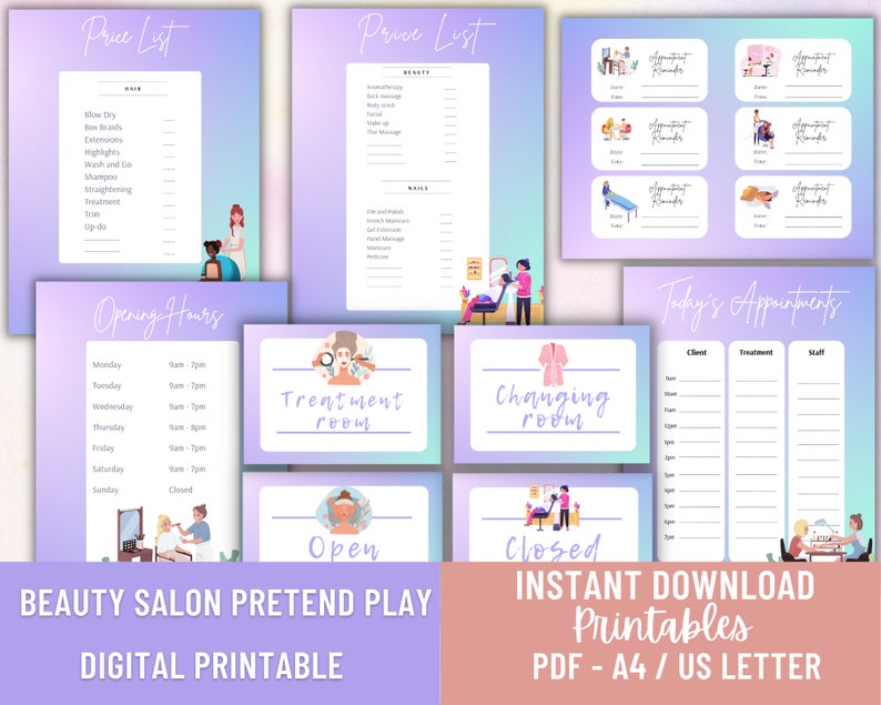 May include: Printable set of signs for a pretend beauty salon play set. The signs include a price list, opening hours, treatment room, changing room, open, closed, and a sign for appointments. The signs are in a purple and pink color scheme with cartoon illustrations.