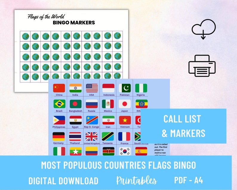 Flags of the World 30 Cards Bingo Set PDF Digital Printables Etsy UK