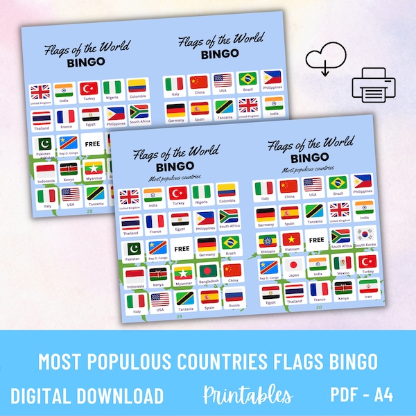 Flags of the World 30 Cards Bingo set | PDF Digital Printables for Kids | Educational Game | For classroom, homeschooling | Play and Learn