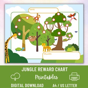 May include: A colorful jungle-themed reward chart with illustrations of a giraffe, monkey, sloth, and leopard. The chart features a path with circles for tracking progress, and includes spaces for a name and reward. The text "JUNGLE REWARD CHART" is displayed.