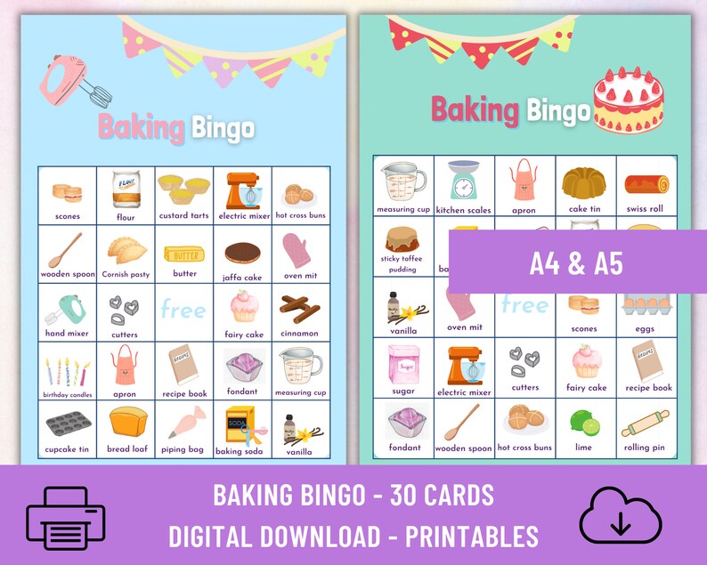 Baking Bingo Set PDF Printable Game Pack for Kids Activity Set for