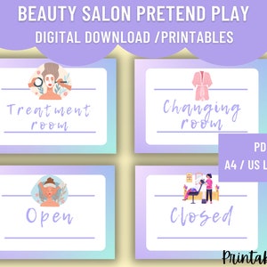 Purple/turquoise background signs -  open/closed signs, treatment room, changing room
Title - Beauty Salon Pretend play - Digital Download PDF / A4 US letter size