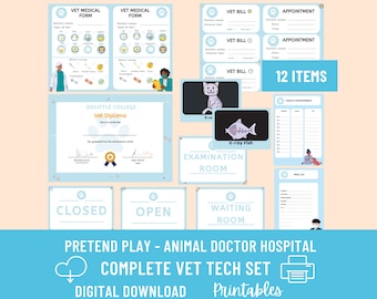 Complete Vet tech Clinic Activity Set for Kids Pretend Play | Digital Download | Dramatic Play Veterinarian | Child Role Play Animal Doctor