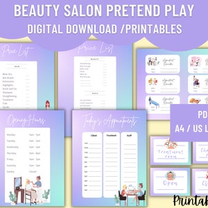 Purple/turquoise background signs - Opening hours, today's appointment, appointment reminders cards, Price list, open/closed signs, treatment room, changing room
Title - Beauty Salon Pretend play - Digital Download PDF / A4 US letter size