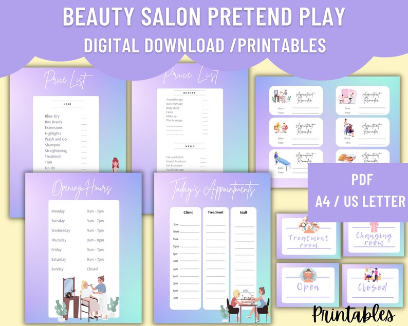 Purple/turquoise background signs - Opening hours, today's appointment, appointment reminders cards, Price list, open/closed signs, treatment room, changing room
Title - Beauty Salon Pretend play - Digital Download PDF / A4 US letter size