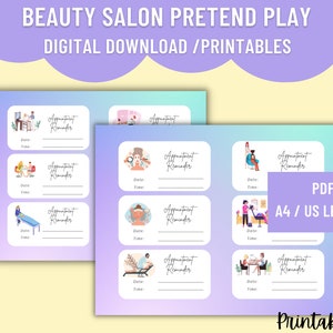 Purple/turquoise background signs - appointment reminders cards, 
Title - Beauty Salon Pretend play - Digital Download PDF / A4 US letter size