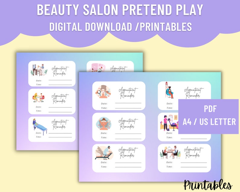 Purple/turquoise background signs - appointment reminders cards, 
Title - Beauty Salon Pretend play - Digital Download PDF / A4 US letter size