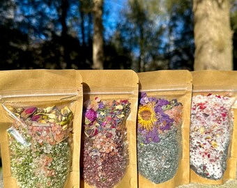 Baked bath salt soak with wildflowers & coconut oil | nourishing açaí | chlorella | butterfly pea | charcoal | love