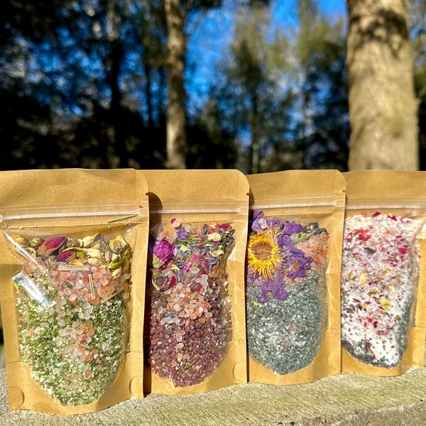 Baked bath salt soak with wildflowers & coconut oil | nourishing açaí | chlorella | butterfly pea | charcoal | love