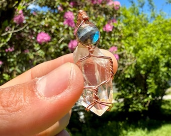 Arkansas Quartz Crystal Pendant with labradorite | Crystal Jewelry | copper wire