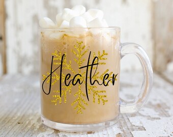 Personalized Snowflake Glass Mug, Christmas Gift