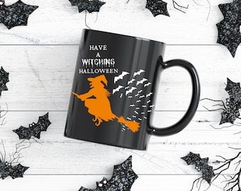 魔女のハロウィンマグ：黒の陶器製コーヒーマグ