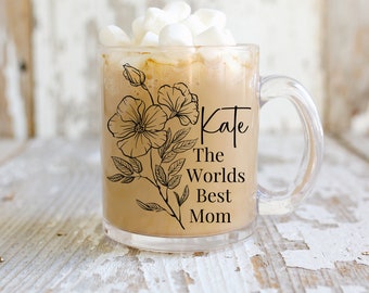Personalized Floral Clear Glass Mug, Mother's Day Gift