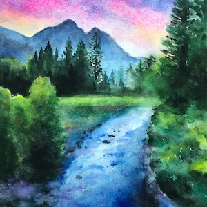 Mountain River Sunset - Watercolor Painting - Landscape Watercolor