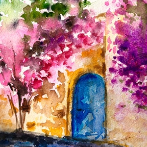 Blue Door with Bougainvillea - Watercolor Landscape - Greece Scenery