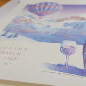 Festival del vino y rally de globos aerostáticos de Telluride de 1988: póster original, firmado por el artista, usado, en buen estado, 22” x 16,5”