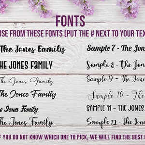 K&ouml;nnte beinhalten: Ein wei&szlig;er Holzgrund mit einem violetten Blumenrand. Der Text "FONTS" befindet sich oben im Bild. Der Text "CHOOSE FROM THESE FONTS (PUT THE # NEXT TO YOUR TEXT)" befindet sich unter dem Wort "FONTS". Das Bild zeigt 12 verschiedene Schriftstile f&uuml;r den Text "The Jones Family".