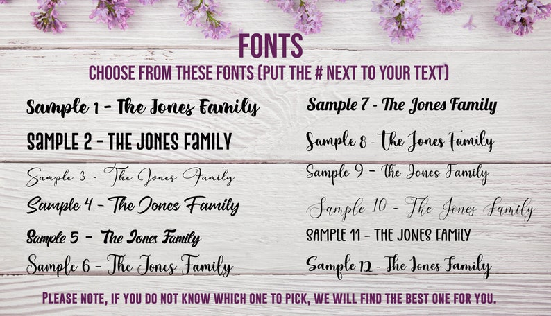 K&ouml;nnte beinhalten: Ein wei&szlig;er Holzgrund mit einem violetten Blumenrand. Der Text "FONTS" befindet sich oben im Bild. Der Text "CHOOSE FROM THESE FONTS (PUT THE # NEXT TO YOUR TEXT)" befindet sich unter dem Wort "FONTS". Das Bild zeigt 12 verschiedene Schriftstile f&uuml;r den Text "The Jones Family".