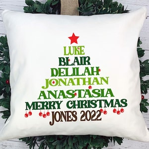 Funda de almohada personalizada con nombre de árbol de Navidad / Almohada navideña personalizada con nombre de familia / Almohada navideña personalizada / Almohada decorativa personalizada